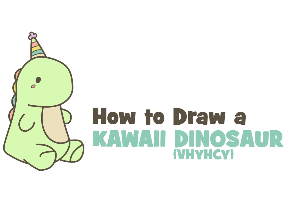 How to Draw a Cute Kawaii Dinosaur with a Birthday Hat on (VHYHCY Stuffed Animal Drawing) Easy Step by Step Drawing Tutorial