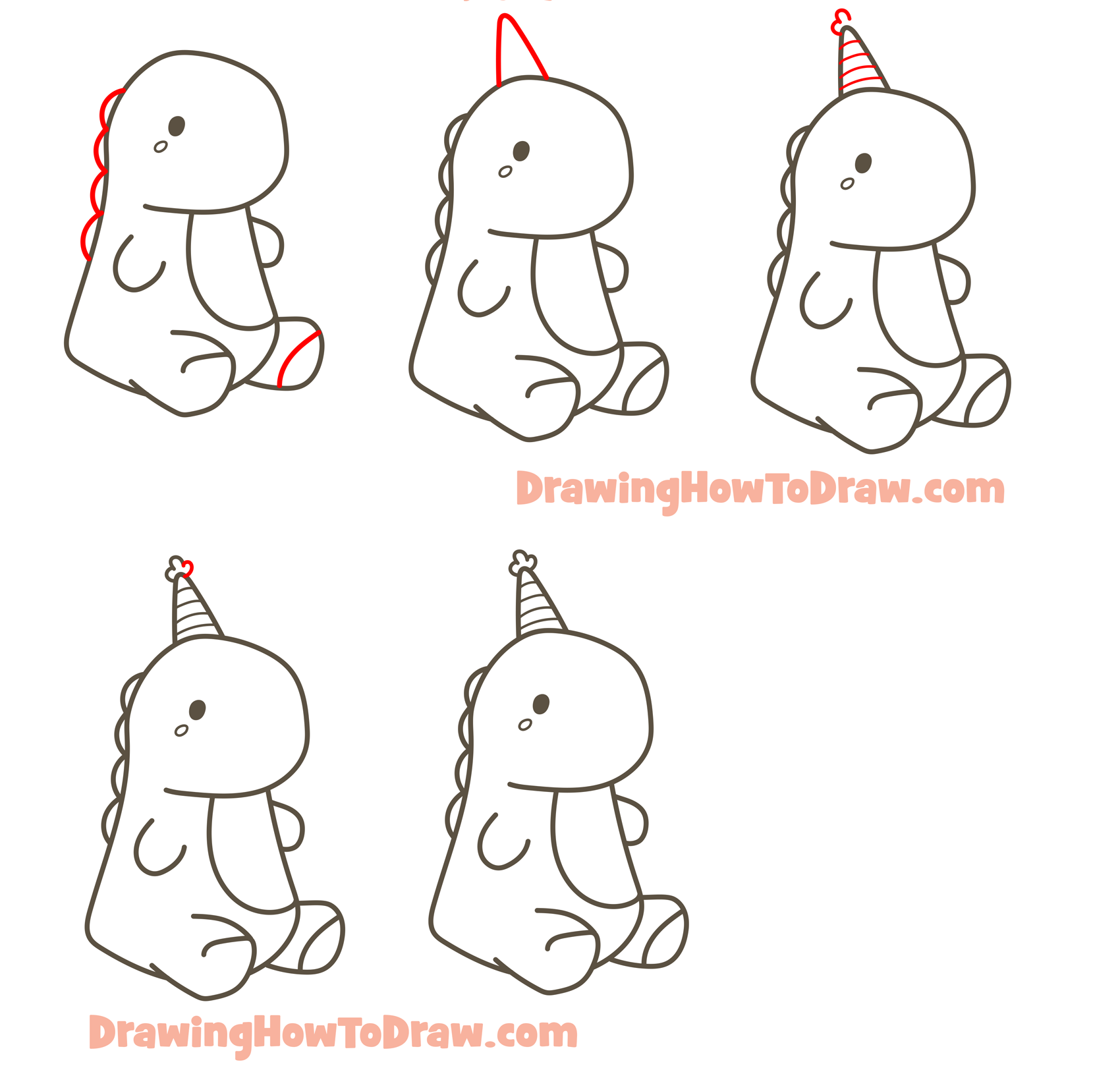 How to Draw a Cute Kawaii Dinosaur with a Birthday Hat on (VHYHCY Stuffed Animal Drawing) Easy Step by Step Drawing Tutorial