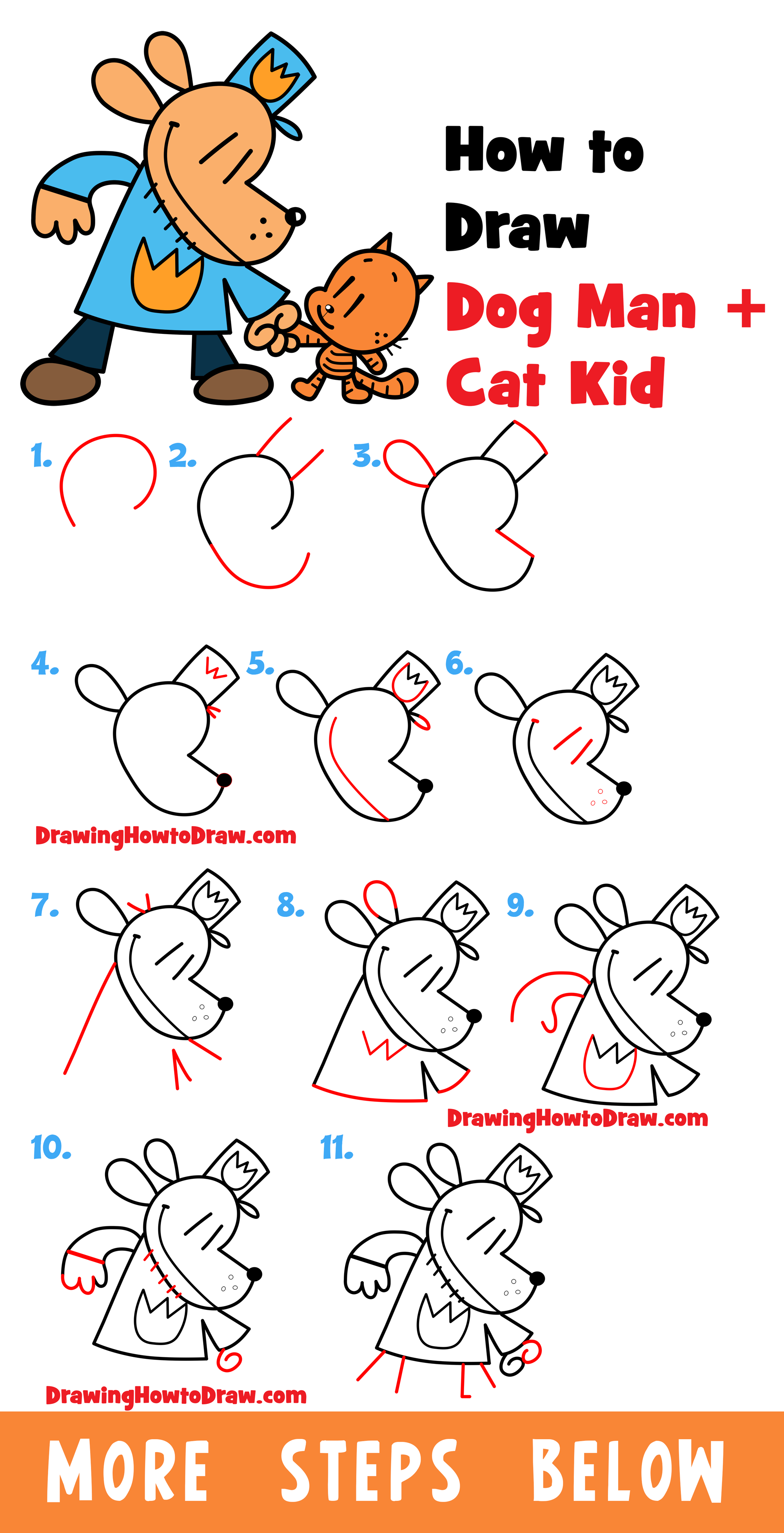 How to Draw Dog Man and Cat Kid Holding Hands with Easy Step-by-Step Drawing Tutorial for Kids