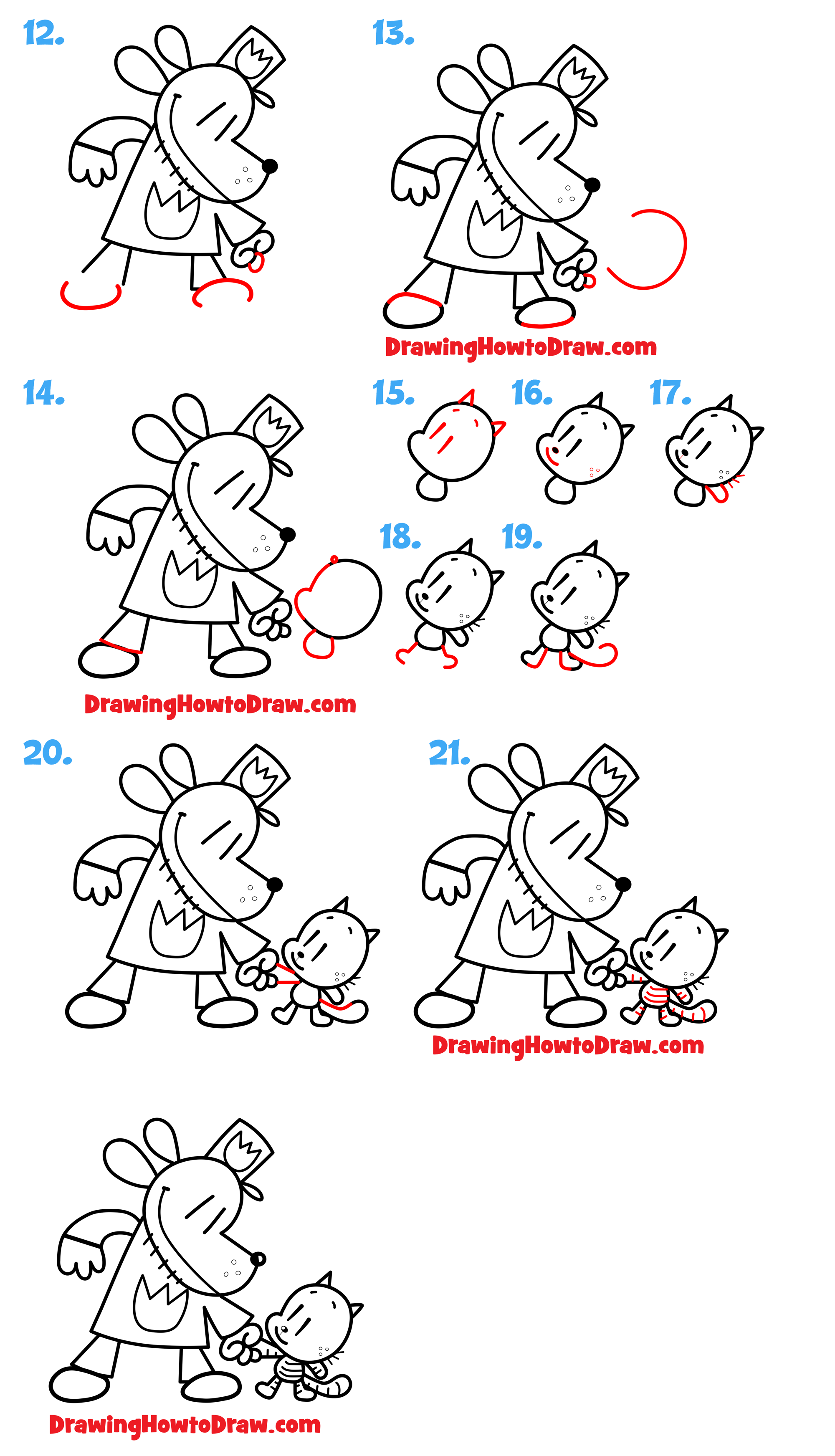 How to Draw Dog Man and Cat Kid Holding Hands with Easy Step-by-Step Drawing Tutorial for Kids