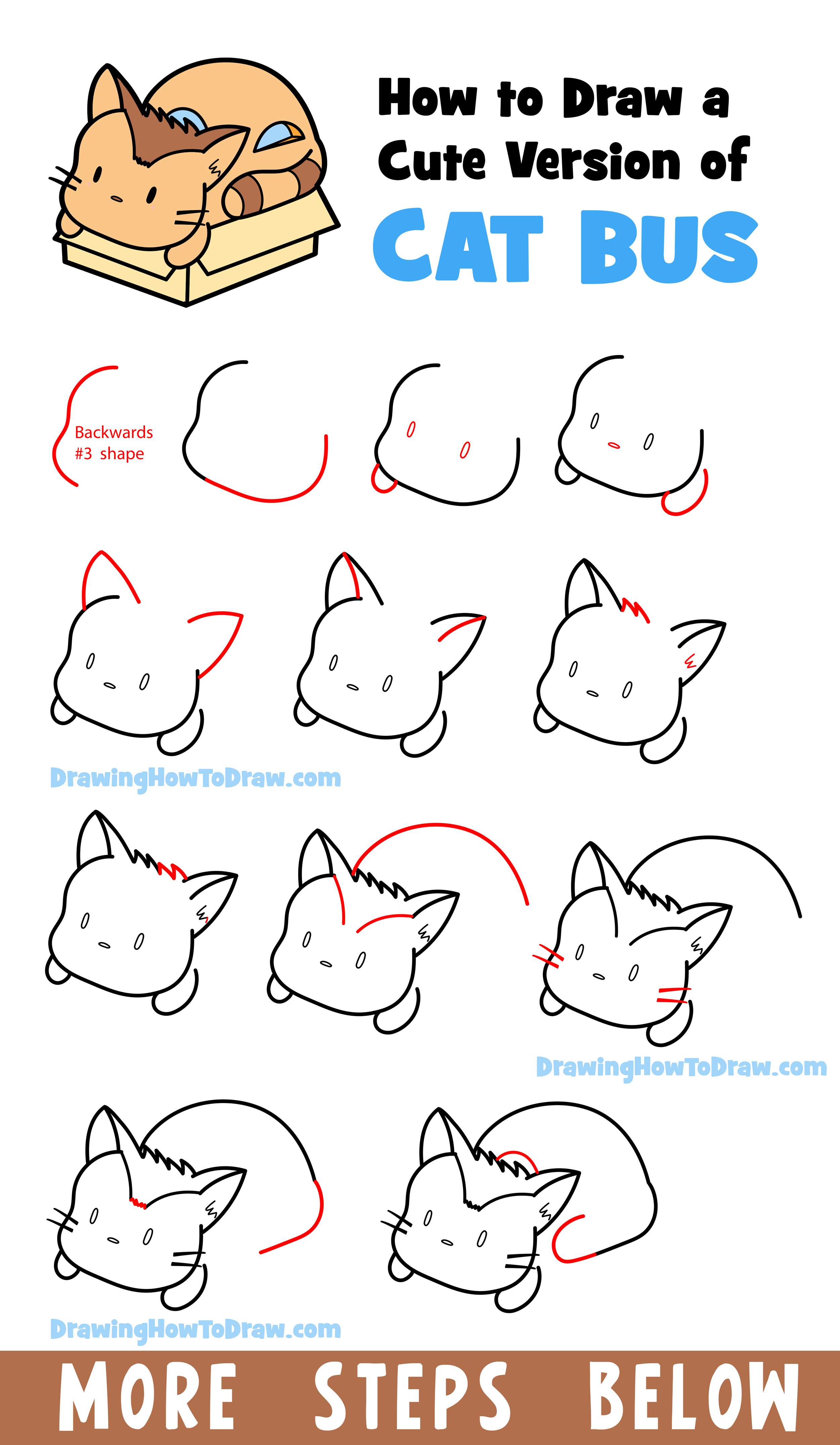 How to Draw Cat Bus (Cute / Kawaii / Chibi Style) from Studio Ghibli's My Neighbor Totoro Easy Step-by-Step Drawing Tutorial