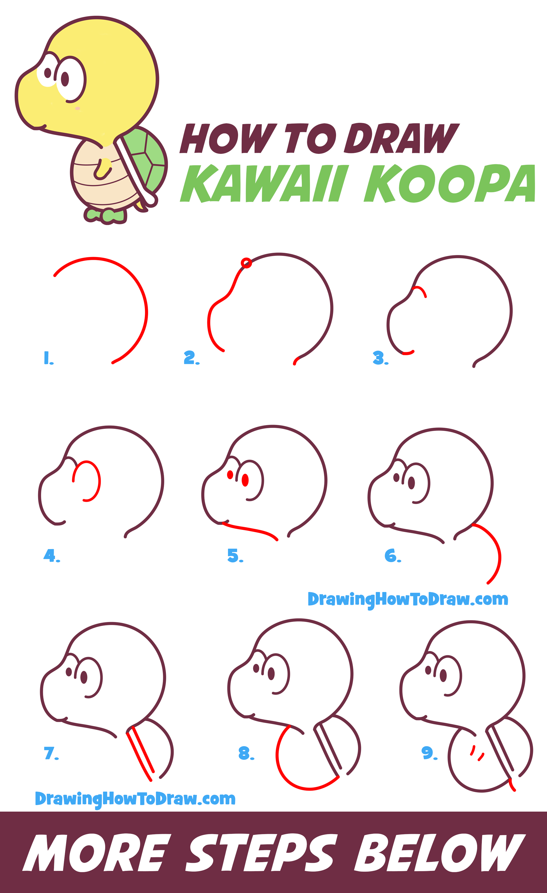 How to Draw Koopa from Super Mario Bros (Chibi / Kawaii / Baby Style) Easy Step by Step Drawing Tutorial