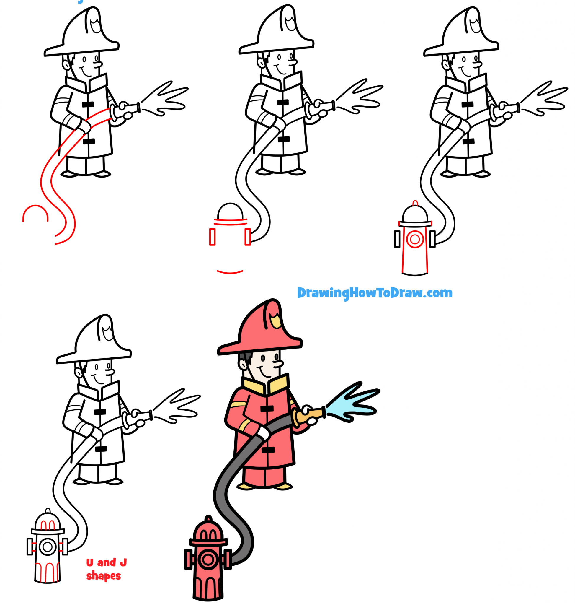 How to Draw a Cartoon Fireman & His Hose & Fire Hydrant Easy Stepby
