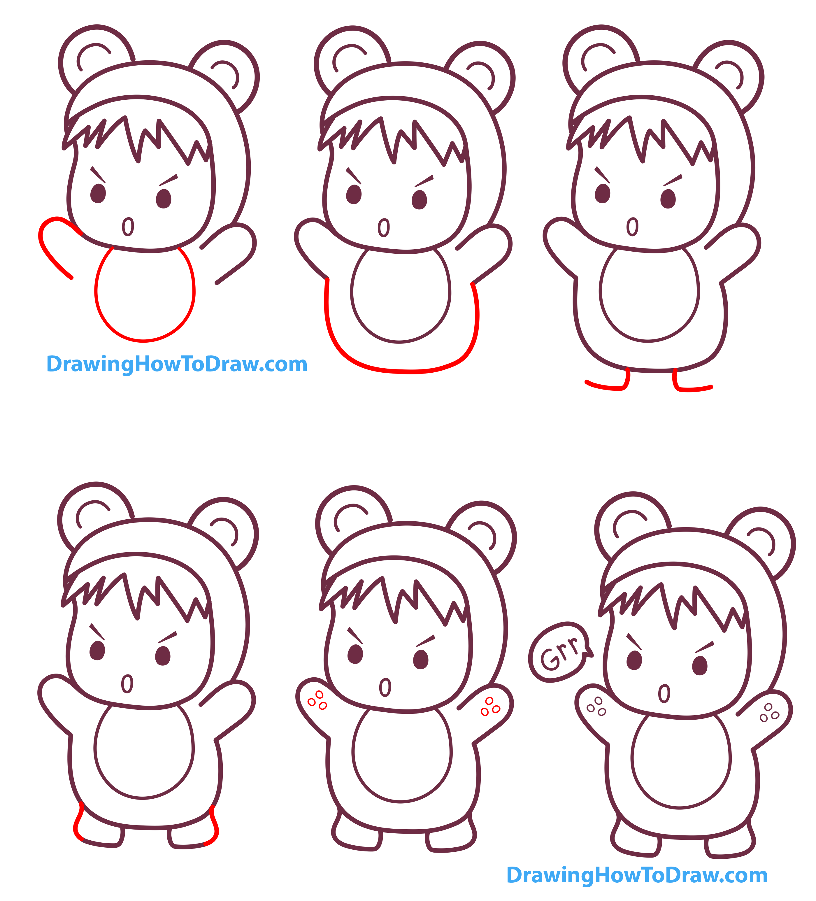 How to Draw a Kawaii / Chibi Boy or Girl in a Bear Onesie Costume - Easy Step-by-Step Drawing Tutorial for Kids