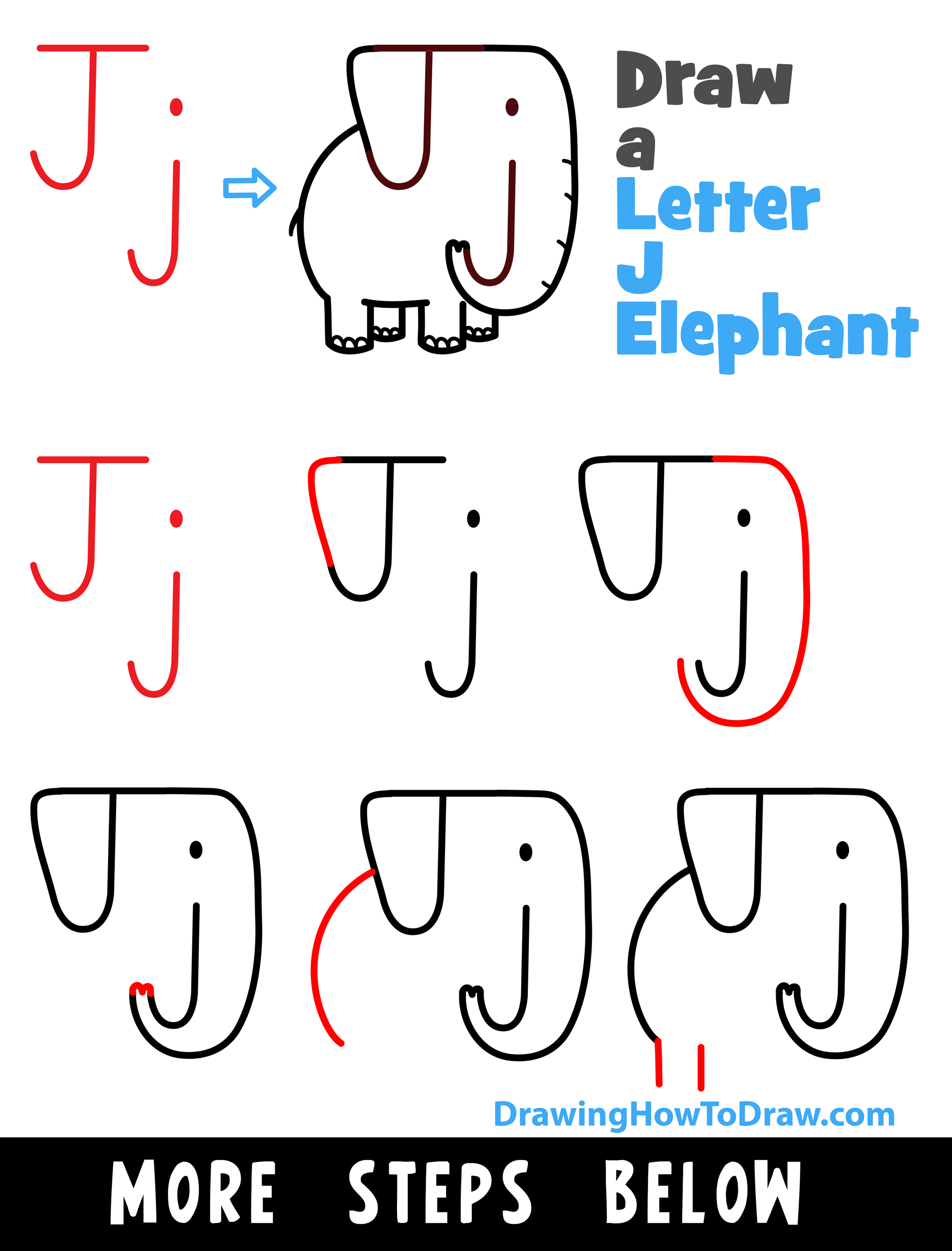 How to  Draw a Cartoon Elephant with Letter J Shapes - Easy Step-by-Step Drawing Tutorial for Kids