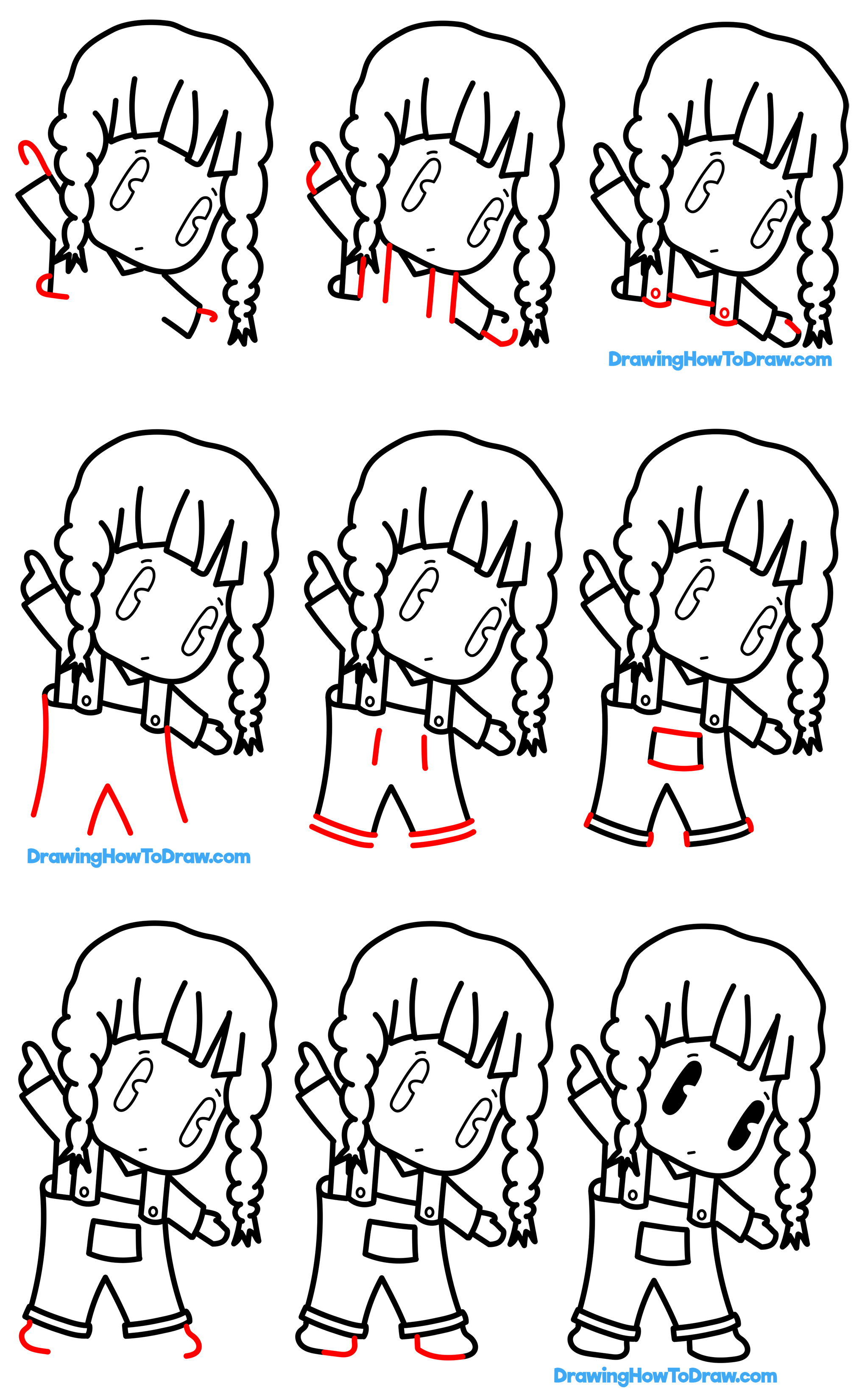 Learn How to Draw a Cute Chibi Kawaii Girl in Overalls Easy Step-by-Step Drawing Tutorial for Kids