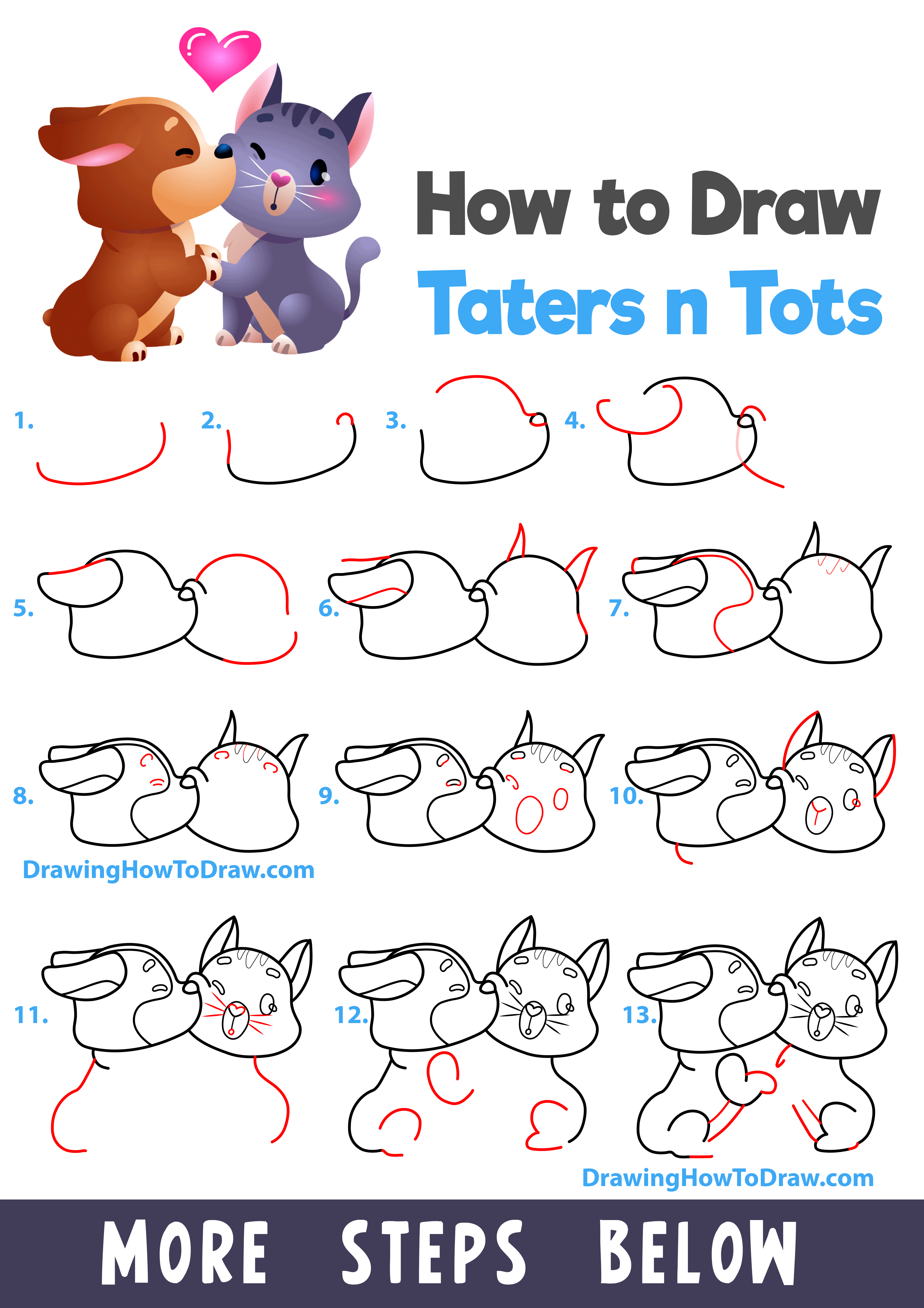 How to Draw a Cute Kawaii Chibi Dog & Cat Kissing (Taters N Tots) Easy Step-by-Step Drawing Tutorial for Kids