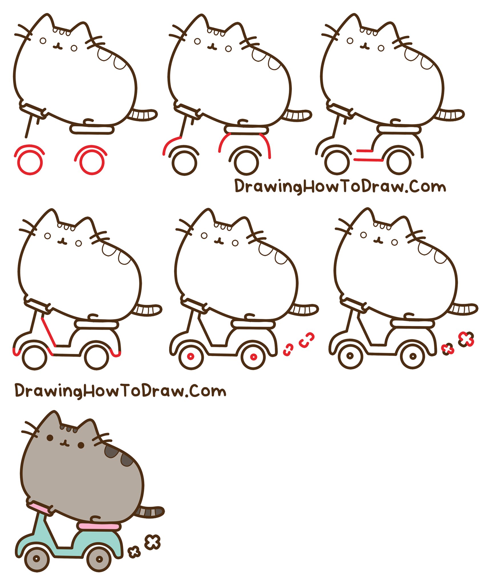 How to Draw Pusheen Cat on a Scooter Kawaii Cute Cat Easy Step-by-Step