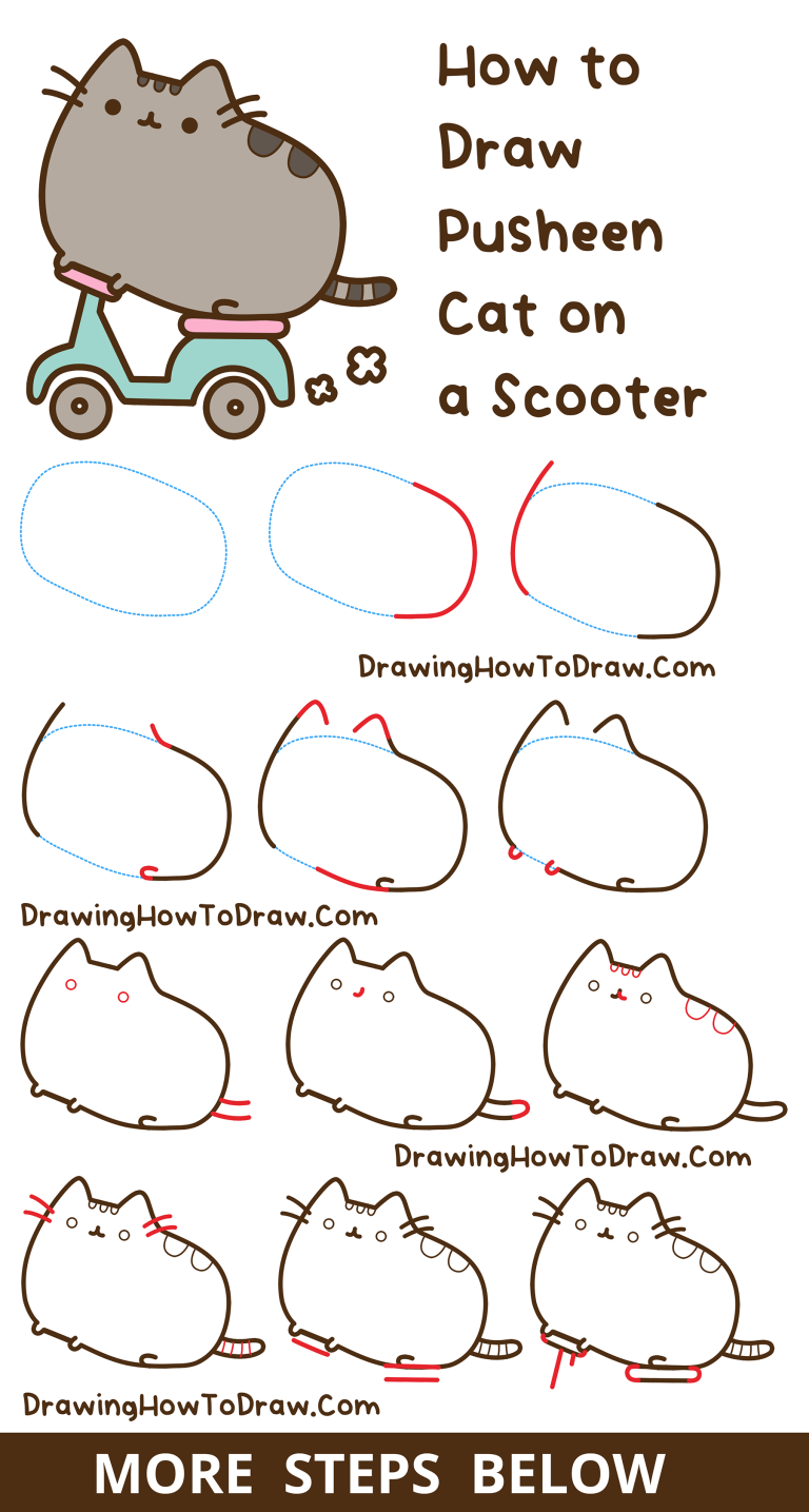 How to Draw Pusheen Cat on a Scooter Kawaii Cute Cat Easy Step-by-Step