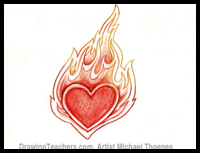 How to Draw Flaming Hearts with Flames and on Fire with Easy Step by